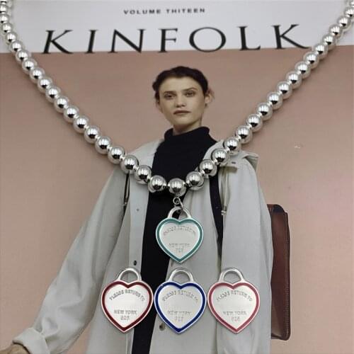Womens Fashion Heart Brand Enamel Edge Pendant 8mm Round Bead Necklace S925 Sterling Silver Jewelry Valentines Day Gift