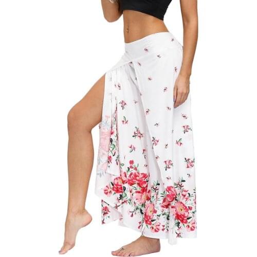 Women Bohemian Floral Print Long Pants 2021 Mid Waist Vintage Holiday Beach Casual Loose Trousers Pants Slit Wide Leg Yoga Pants
