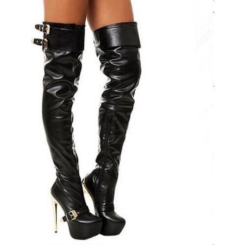 Big size 44 woman thigh high boots buckles strap super high heels sexy over the knee high boots night club platform boots lady