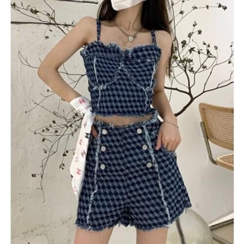 2021 New Fashion Sexy Summer Chic V-neck Denim Spaghetti Strap Top and Double-Breasted Tassels Jeans Shorts Plaid Two-Piece Set