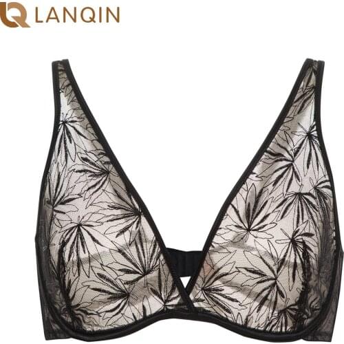 Womens Mesh Floral Lace Bra Plus Size Unlined Underwire Sexy Plunge Deep V