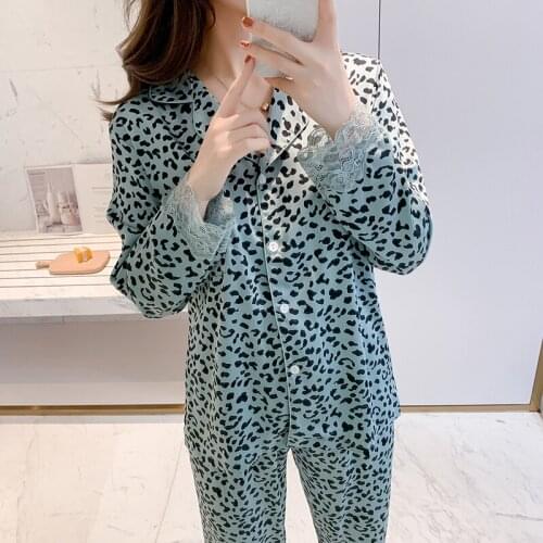 Ladies Silk Satin Pajama Set Lace Pyjama Set Long Sleeve Pijama Set Leopard Sleepwear NIghtwear For Women