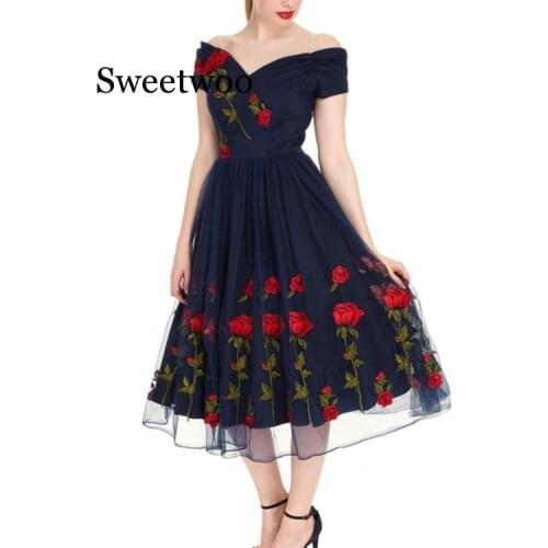 Womens Retro Hepburn Style Party Dress Rose Embroidery Lace Mesh Dress Off Shoulder Vintage Dress