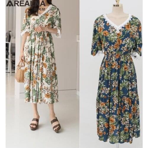 Dresses for women 2021 Vintage Floral embroidery Midi Dress Women Boho short Sleeve Cotton linen V-neck Casual plus size Dresses