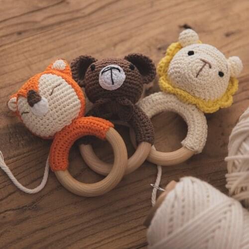 1pc Baby Teether BPA Free Crochet Rattle Toys Cartoon Animal Lion Fox Wooden Beech Ring Nursing Soother Molar Educational Toys