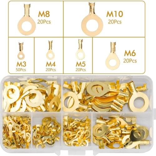 150PCS Ring Terminals M3 M4 M5 M6 M8 M10 Cable Lugs Assortment Set Insulated Connectors Brass Cable Connector
