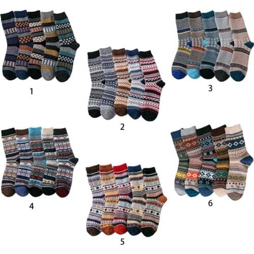 5 Pairs Men Ethnic Vintage Colorful Stripes Print Crew Socks Winter Soft Warm Thick Knitted Faux Wool Mid Tube Hosiery