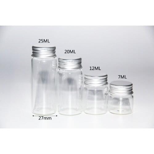 500pcs 7ml 12ml 20ml 25ml Glass Bottle Screw Aluminum Cap Silicone Stopper Empty Jar Glass Sealed Bottle Gift Liquid Food Bottle