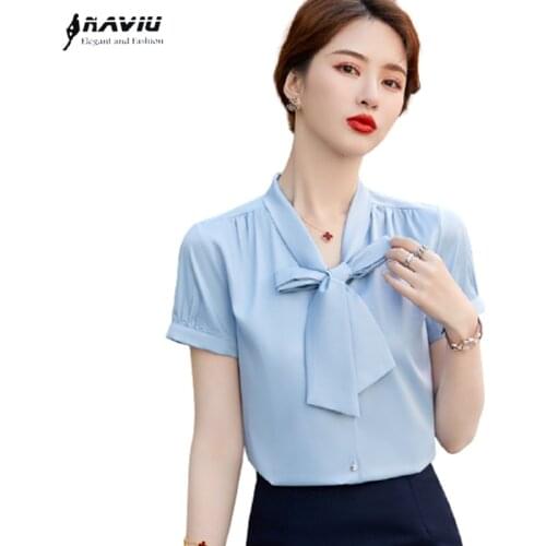 Chiffon Shirt Women Short Sleeve Summer 2021 New Fashion Elegant Bow Tie Design Formal Blouses Office Ladies Work Tops