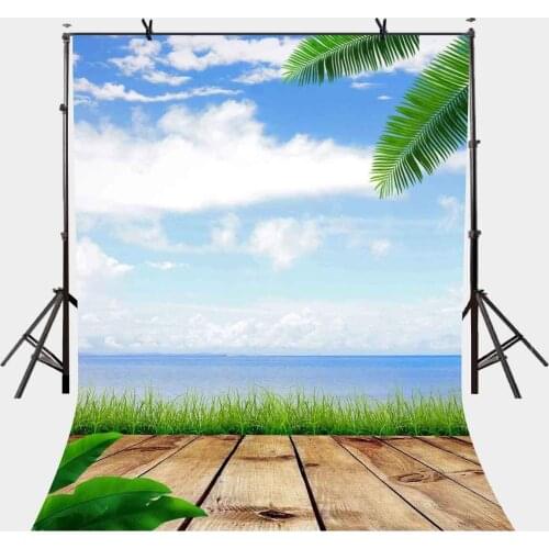 150x220cm Blue Sky White Clouds Backdrop Oceanside Wooden Trail Nature Photography Background for Camera Photo Props