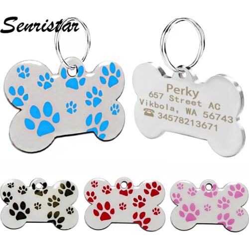 Personalized Bone Dog ID Tag Custom Metal Engraved ID Name Tags For Puppy Dog Collar Paw Pattern Dog Collar Tag Pet Accessories