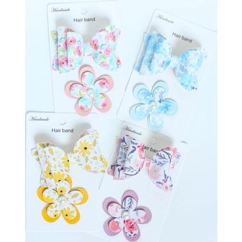 2PCS Cute Daily Leather Flower Pattern Bow Side Hair Clips Hair Accessories Girls Kids Children Barrettes Headwear Hairpins
