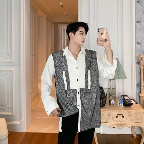 MIXCUBIC 2019 spring summer British style unique Sequins stitching shirts men casual loose chiffon shirts for men,size M-XXL