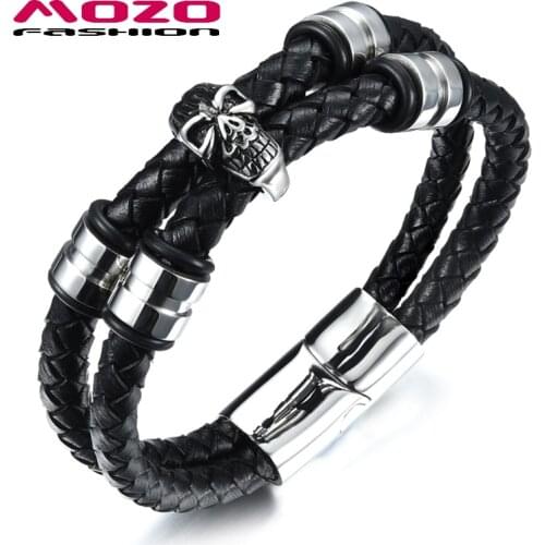 Fashion Men Stainless Steel Double Layer Black Leather Chain Charm Bracelets Skull Bracelets & Bangles Punk Jewelry PS2099