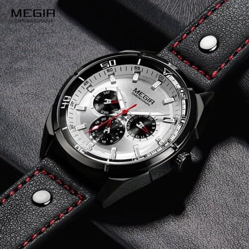 MEGIR Mens Black Leather Strap Quartz Watches Waterproof Luminous Wristwatch for Man 24-hour Week Date Display 2072G-BK-7