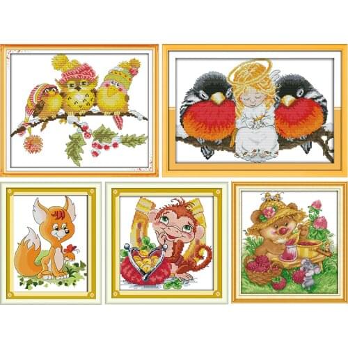 Cartoon Bird&fox Cross Stitch Kits 11CT14CT Printed Patterns Handmade Crafts DMC Canvas Counted Sewing Needlework Embroidery Set