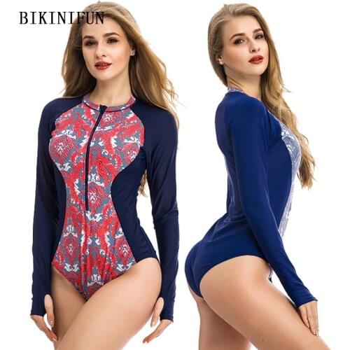 2020 New Elegant Floral Beachwear Long Sleeve Rash Guards Solid Patchwork Swimwear M-2XL Girl Zipper Monokini One Piece Suit