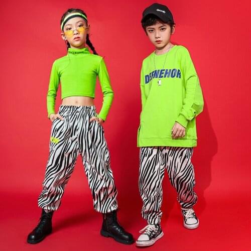 Hip Hop Clothes For Girls Jazz Dance Stage Costume Fluorescent Green Tops Sweater Boys Street Dance Pants Rave Clothes BL5197