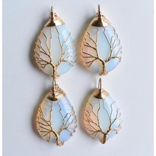 Wholesale 4pcs/lot good quality Gold Color Wire Wrap handmade tree of life drop shape opalite stone pendants free shipping