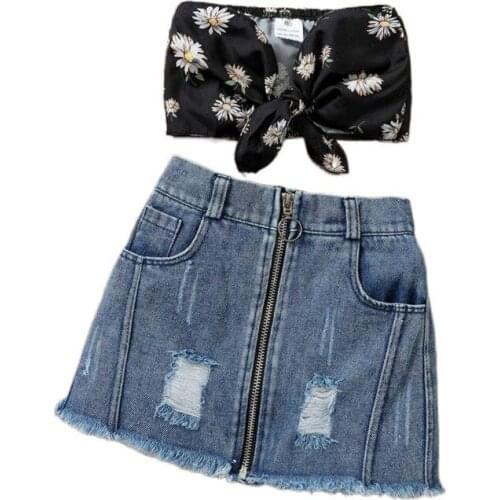 1-5 Years Kids Girls Casual Set Toddler Daisy Print Sleeveless Strapless Tops+ Ripped Denim Skirt Girls Outfits