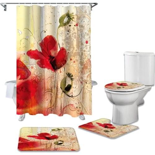 Rose Flower Watercolor Vintage Shower Curtain Set Carpet Cover Toilet Cover Bath Mat Home Decor Bathroom Curtain