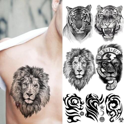 Lion Temporary Tattoos For Men Boys Realistic Tiger Thorns Star Moon Fake Tattoo Sticker Chest Arm Waterproof Tattoos Creative