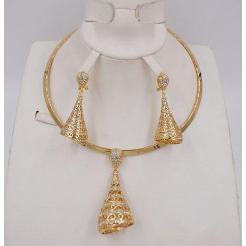 High Quality Ltaly 750 Jewelry Set For Women Gold Color Geometric Design Necklace Dangle Earrings Party Jewelry 2020