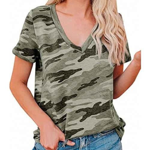 Lady Short-Sleeved Leopard Print T-shirt Women Summer New Thin V Neck Tops Camouflage Tshirt Street Style Clothes S-2XL