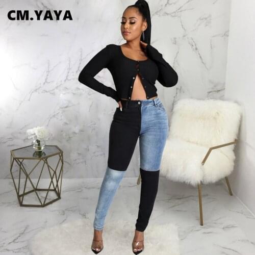 CM.YAYA Women Jeans Patchwork Mid Waist Zipper Fly Pockets Long Pencil Denim Pants Fashion Trousers Streetwear Autumn 2021