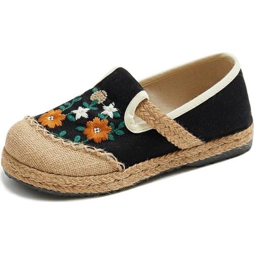 YourSeason Flowers Embroidered Ladies Linen Canvas Slip-On Flat Shoes Vegan Women Comfort Casual Walking Sneakers Loafers