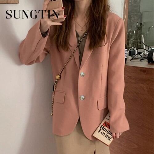 Sungtin Oversized Office Lady Loose Work Blazer Suit Coat Korean Blazer Jackets Women Solid Vintage Elegant Outwear Chic Pink