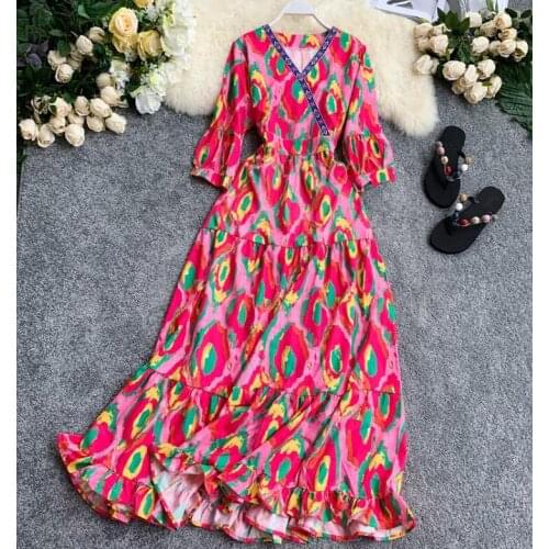 Womens spring summer v neck print long dress female high waist slim vacation beach dress TB1333