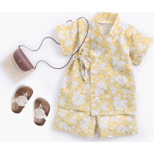2021 Japanese Baby kimono Tracksuit Floral Shorts+tops Bathrobe Kids Boy Girls Cotton Boy Kids Clothing Set Child Infant Clothes