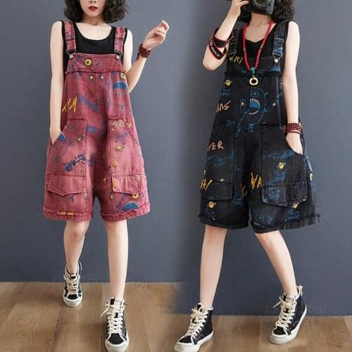 Large Pockets Washed Jeans Plus Size Female Letter Printed Denim Playsuit Women Streetwear Vintage Five-Point Bib Pants zh1165