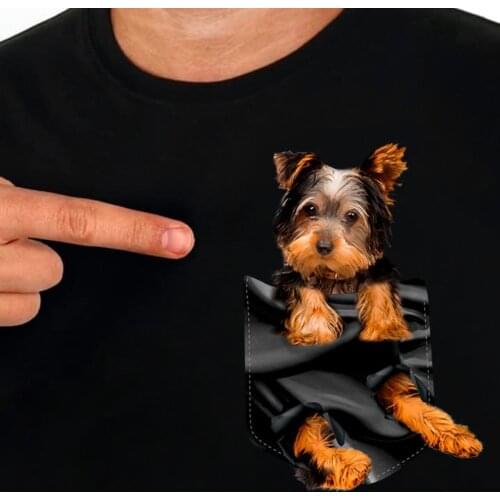 Cotton T-Shirt Fashion Pocket Cute Yorkshire Terrier Printed T-Shirts Men Women Casual T-Shirts Hip Hop Tops Funny Cotton Tees