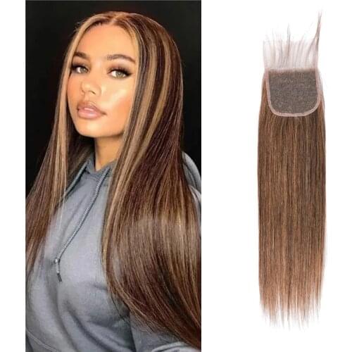 Highlight 4/27 T Part Closure Straight Human Hair Deep Part Closure Brazilian Hair Lace Closure Plucked Bleached Knots Remy Hair