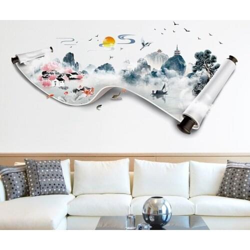 Chinese Style Vintage Landscape Wall Sticker Retro Poster Living Room Bedroom Home Office Decor Self Adhesive Wallpaper Mural