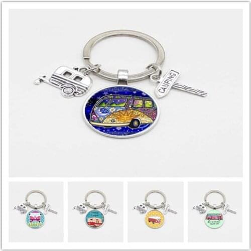 Creative happy camping cute wagon Kilt Pin, road sign, car glass pendant travel keychain charm jewelry