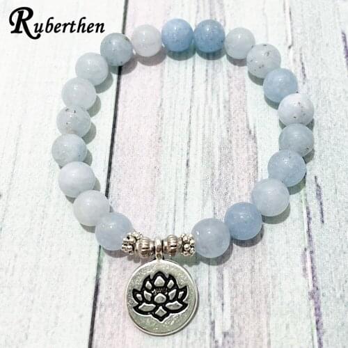Ruberthen Fashion Women`s Blue Chalcedony Bracelet Lotus Charm MeditationYoga Baracelet Trendy Mala Beads Energy Jewelry