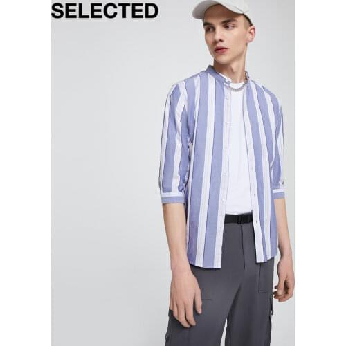 SELECTED Mens Summer 100% Cotton Striped Business Casual 3/4 Sleeve Shirts S|420131506