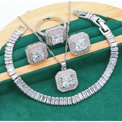Classic Silver Color Jewelry Sets For Women Wedding White Zircon Bracelet Earrings Necklace Pendant Ring Free Box 4PCS