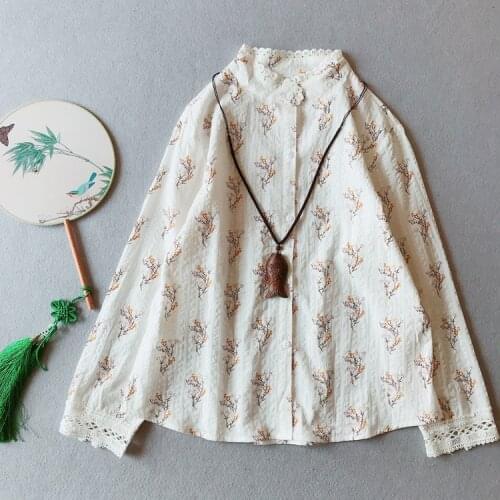 National 2021 Spring Autumn O neck Women T-Shirt Cotton Loose Long sleeve Printed Vintage Casual Blouse YoYiKamomo