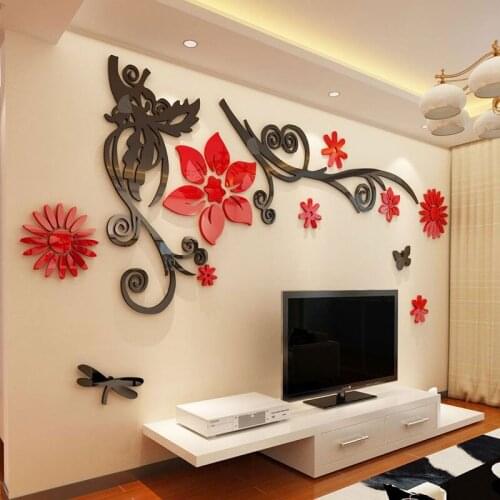 Wholesale Romantic wall sticker flower vine Tree 3d stereo acrylic crystal wall stickers Modern living room TV Sofa home decor