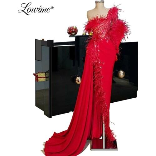Red Feathers One Shoulder African Party Dress Beads Custom Made Dubai Arabic Pageant Prom Dresses Mermaid Evening Gowns 2020