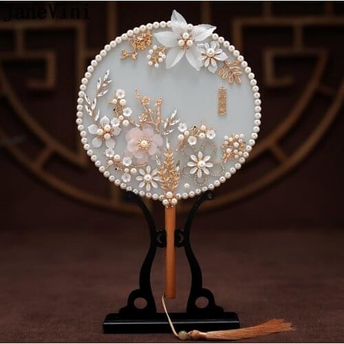 JaneVini Luxury Chinese Bridal Hand Bouquet Fan Cover Face Handmade 3D Flower Pearls Metal Round Fan Wedding Jewelry Accessories