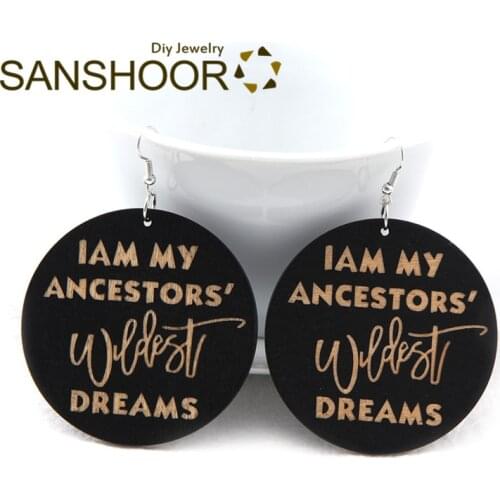 SANSHOOR 6cm Black Afro Power Words Wood Drop Earrings Craved I Am Ancestors Wildest Dreams As Women Christmas Gifts 1Pair