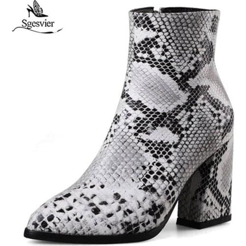 Sgesvier 2019 New Fashion Snakeskin Pattern Plaid High Heels Ankle Women Riding Boots Female Footwear Woman Shoes Winter G615