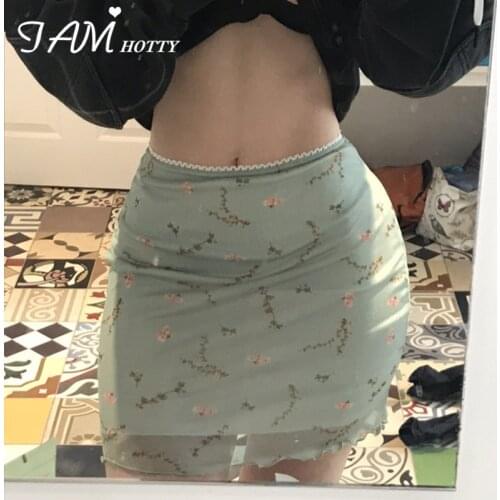 Tulle Floral Printed y2k Kawaii Mini Skirt Women Harajuku High Waist A Line Ruched Short Mesh Skirts For Girls Summer Iamhotty