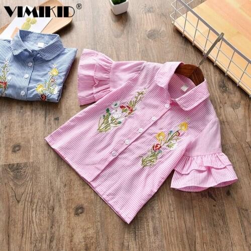 VIMIKID Girl Summer Wear Shirt Embroidered Horn Sleeve Shirt Short Sleeve Stripe Jacket