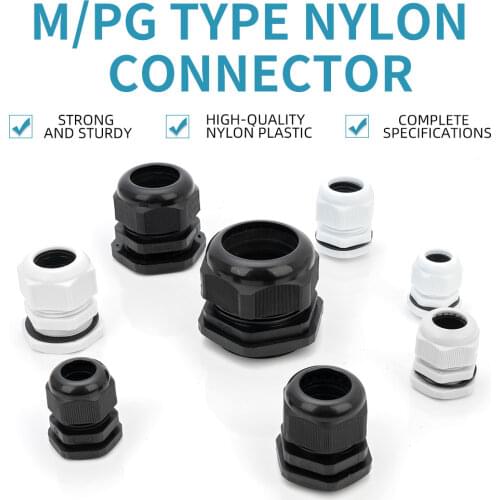 Waterproof Cable Gland 10pcs Cable entry IP68 PG7 for 3-6.5mm PG9 PG11 PG13.5 PG16 PG19/21/ White Black Nylon Plastic Connector
